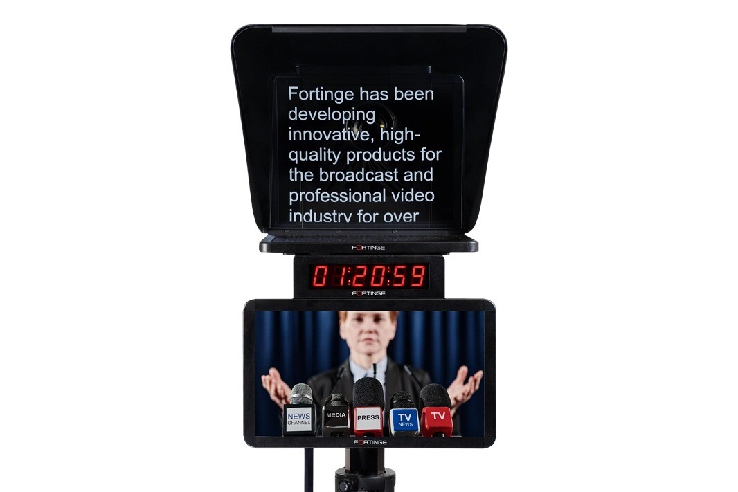 Fortinge ERA LITE 19-SDI Stüdyo Prompter - önden okuma alanı, zamanlayıcı ve yetenek monitörüyle örnek kurulum