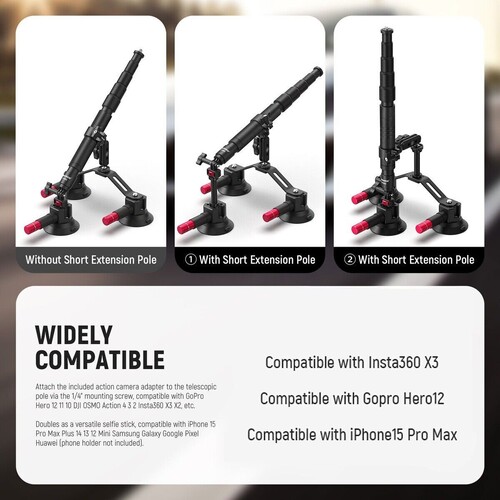 Neewer CA065 3 Vantuzlu Aksiyon Kamera Tutucu & Uzatma Kolu 110cm