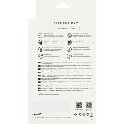 Exascend 256GB Element Pro CFexpress 4.0 Type B Hafıza Kartı 3500 Mb/S Okuma - 1400 Mb/s Yazma Hızı