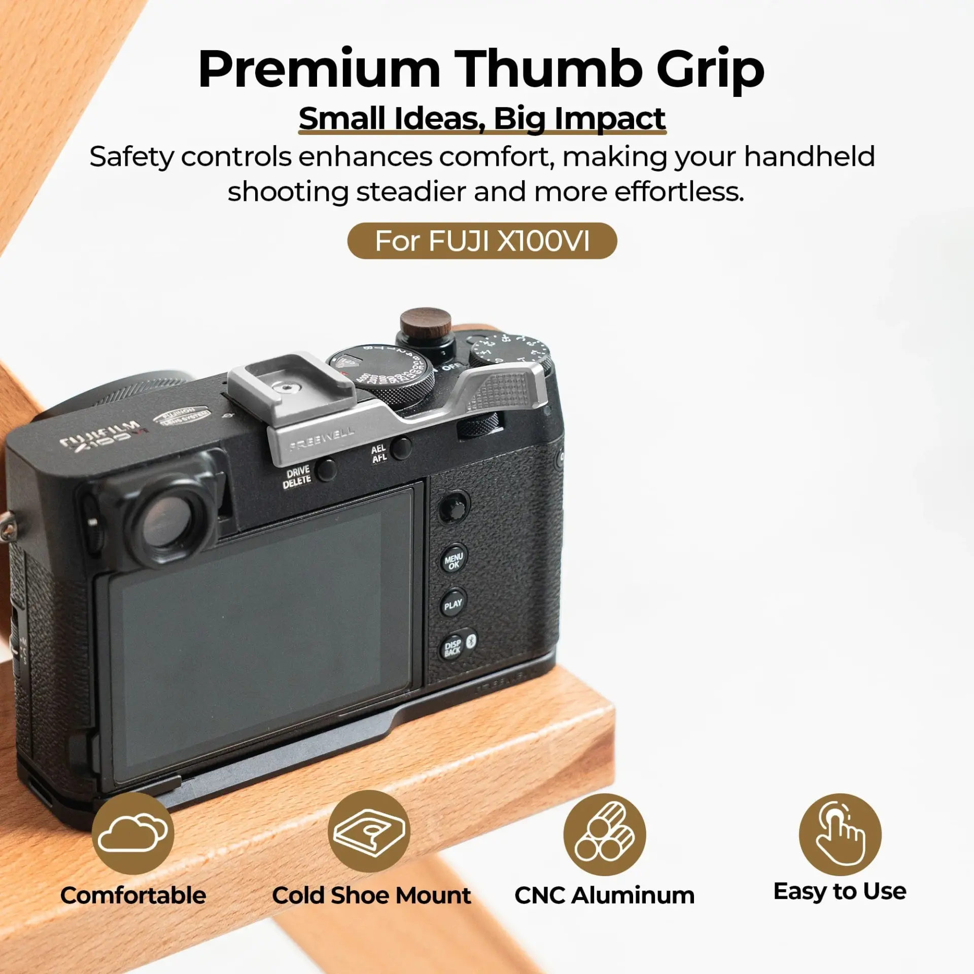Freewell Fuji X100VI Thumb Grip with Cold Shoe Mount - Thumbnail