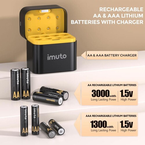 Imuto 3000mWh AA & 1300mWh AAA Lityum Şarjlı Pil Seti (4+4) Yuvalı Şarj Ünitesi
