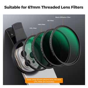 K&F Concept 67mm Klipsli CPL Telefon Kamera Lens Filtre Kiti - Thumbnail
