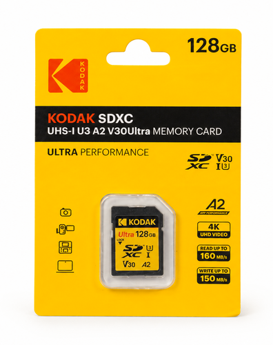 Kodak 128GB UHS-I U3 A2 V30 Ultra DDR SD Hafıza Kartı (160MB/s - 150MB/s)