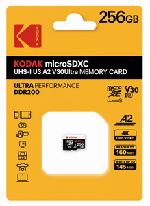 Kodak - Kodak 256GB UHS-I U3 A2 V30 Ultra Micro SD Hafıza Kartı (Pocket Kameralarla Uyumlu) (160MB/s - 145MB/s)