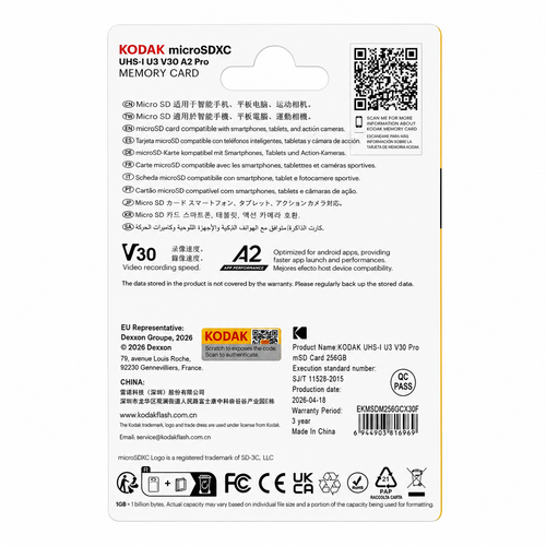 Kodak 256GB UHS-I U3 V30 PRO microSDXC Hafıza Kartı