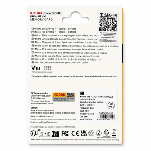 Kodak 32GB microSD Premium UHS-I C10 U1 V10 + SD Adaptör (Kırmızı)