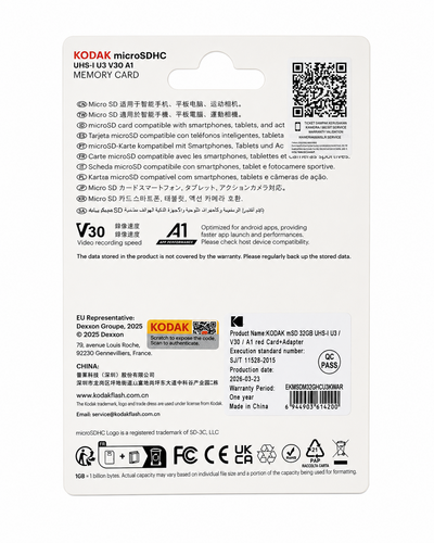 Kodak 32GB microSD Ultra UHS-I U3/V30/A1 + SD Adaptör (Kırmızı)