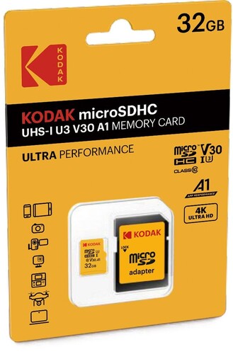 Kodak 32GB microSD Ultra UHS-I U3/V30/A1 + SD Adaptör (Sarı)