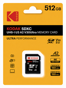 Kodak - Kodak 512GB UHS-I U3 A2 V30 Ultra DDR SD Hafıza Kartı (160MB/s - 150MB/s)