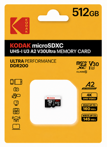 Kodak - Kodak 512GB UHS-I U3 A2 V30 Ultra Micro SD Hafıza Kartı (Pocket Kameralarla Uyumlu) (160MB/s - 145MB/s)