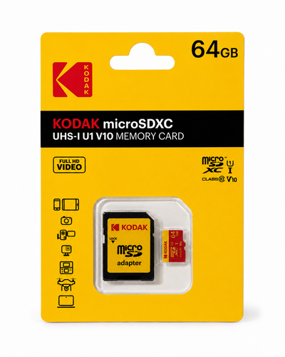 Kodak 64GB microSD Premium UHS-I C10 U1 V10 + SD Adaptör (Kırmızı)