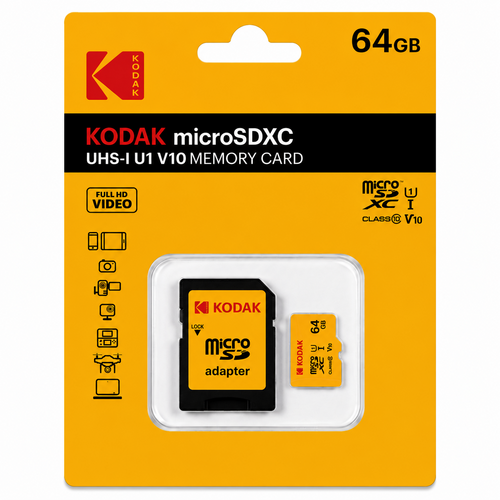 Kodak 64GB microSD Premium UHS-I C10 U1 V10 + SD Adaptör (Sarı)