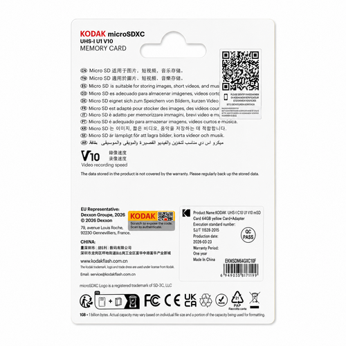 Kodak 64GB microSD Premium UHS-I C10 U1 V10 + SD Adaptör (Sarı)