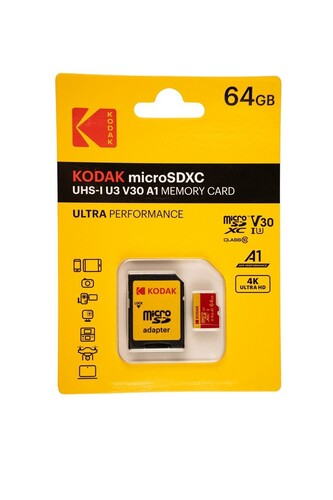 Kodak 64GB UHS-I U3/V30/A1 Red Micro SD + Adaptör