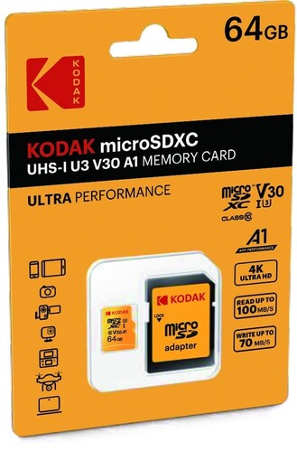 Kodak 64GB UHS-I U3/V30/A1 Yellow Micro SD + Adaptör