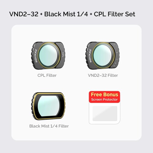 Movmax DJI Pocket 3 İçin VND2-32 + Black Mist 1/4 + CPL Filtre Seti