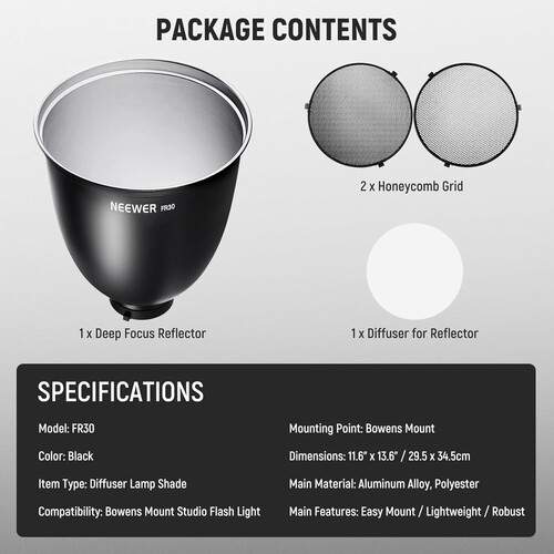 NEEWER FR30 11.6''/29.5cm Deep Focus Reflektör ve Petek Seti