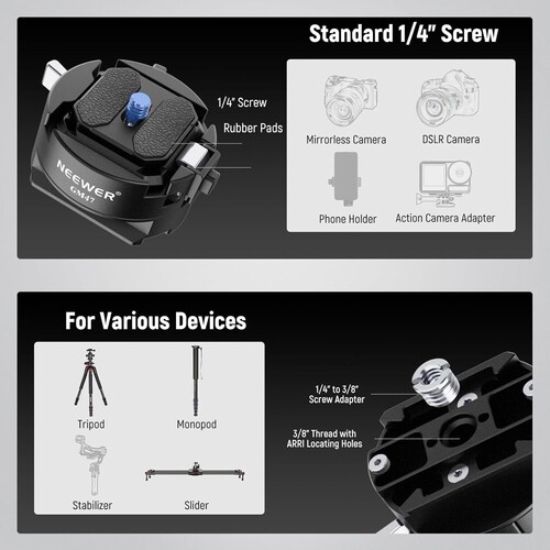 NEEWER GM47 Kamera Quick Release Plate Kiti (Ronin RS & PD Capture Uyumlu, Otomatik Kilit)