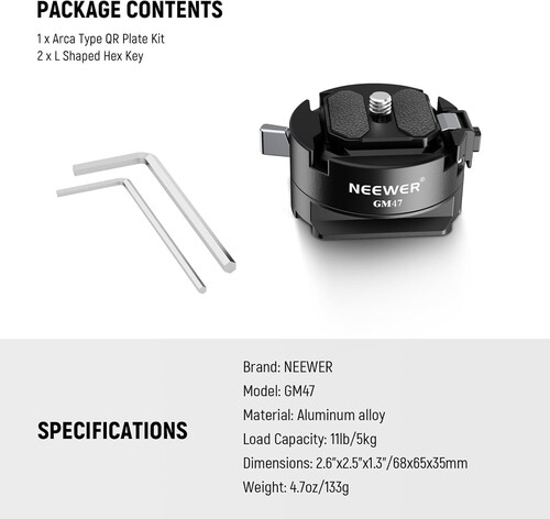 NEEWER GM47 Kamera Quick Release Plate Kiti (Ronin RS & PD Capture Uyumlu, Otomatik Kilit)