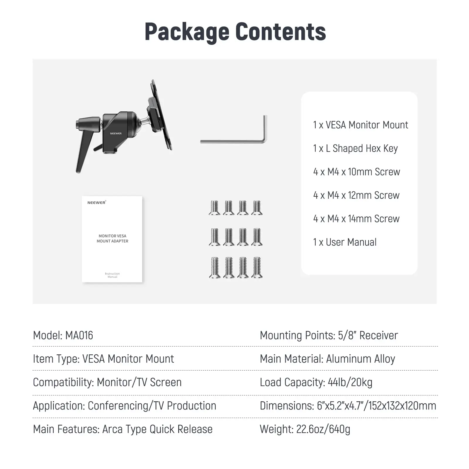 NEEWER MA016 Arca-Type Hızlı Bırakma VESA Monitör Montaj Adaptörü - Thumbnail