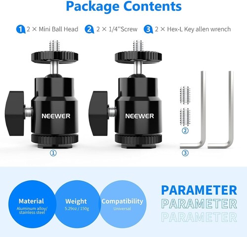 NEEWER ST17 1/4'' Kamera Hot Shoe Adaptörü (Mini Bilyeli Başlık) - 2'li Paket