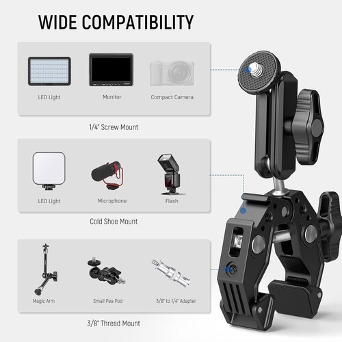 NEEWER ST83 Süper Kelepçe ve 3'' (7,62 cm) Çift Bilyeli Magic Arm Kiti