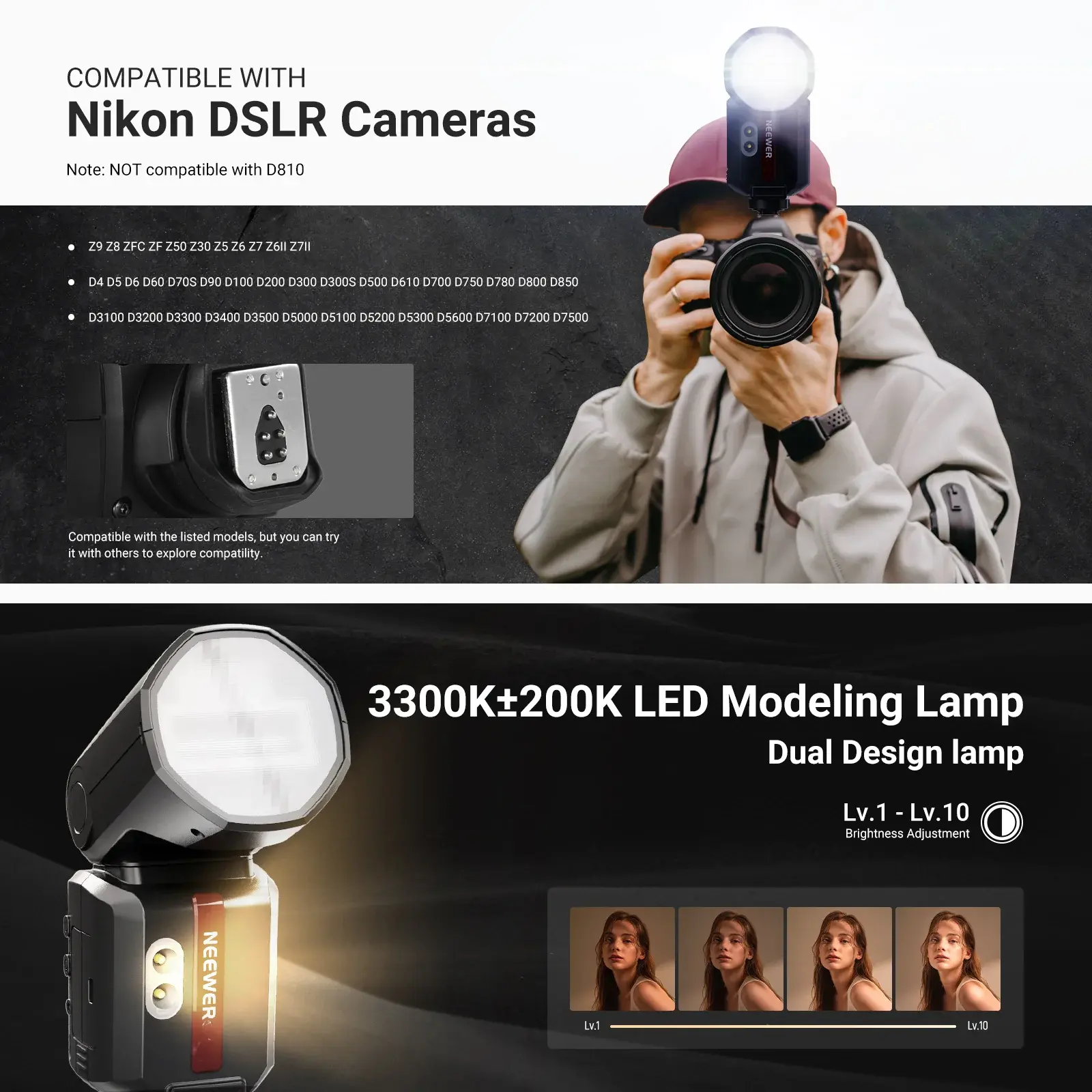 Neewer Z3R-N Nikon Uyumlu 100W Yuvarlak Kafa Akülü Tepe Flaşı - Thumbnail