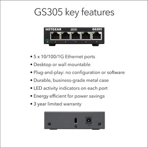 NETGEAR GS305 5 Portlu Gigabit Ethernet Switch - Thumbnail
