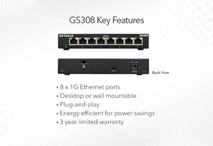 NETGEAR GS308 8 Portlu Gigabit Ethernet Switch - Thumbnail