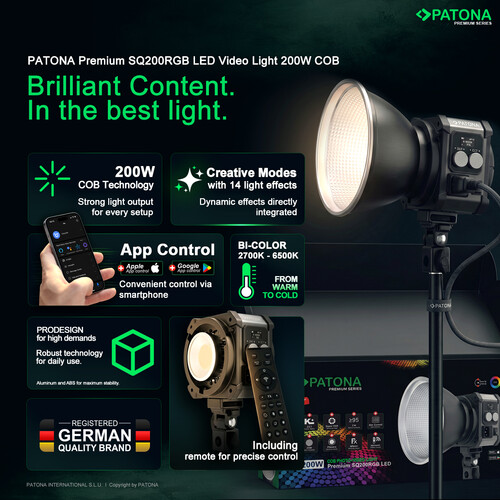 Patona 4172 Premium SQ200RGB LED Video Işığı 200W COB (Sert Taşıma Çantası ile)