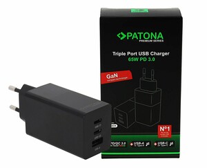 Patona Premium GaN PD65W Adaptör 2xUSB-C 1xUSB-A PD3.0 QC3.0 - Thumbnail
