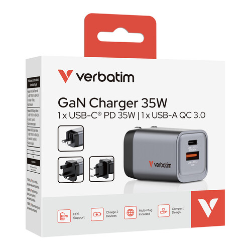 Verbatim 35W GaN Hızlı Şarj Cihazı 2 Portlu (1x USB-C PD 35W + 1x USB-A QC 3.0)