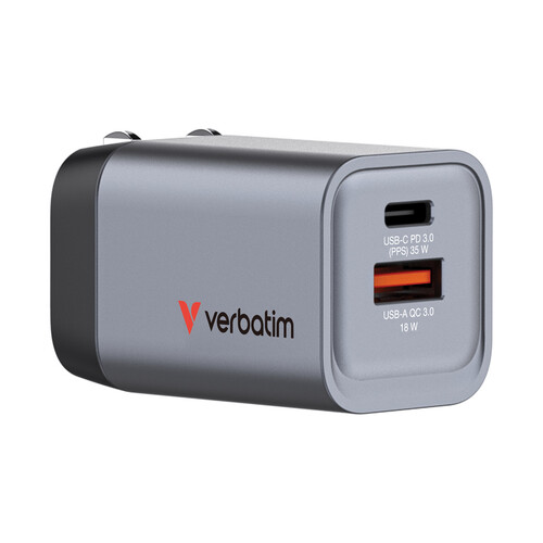 Verbatim 35W GaN Hızlı Şarj Cihazı 2 Portlu (1x USB-C PD 35W + 1x USB-A QC 3.0)